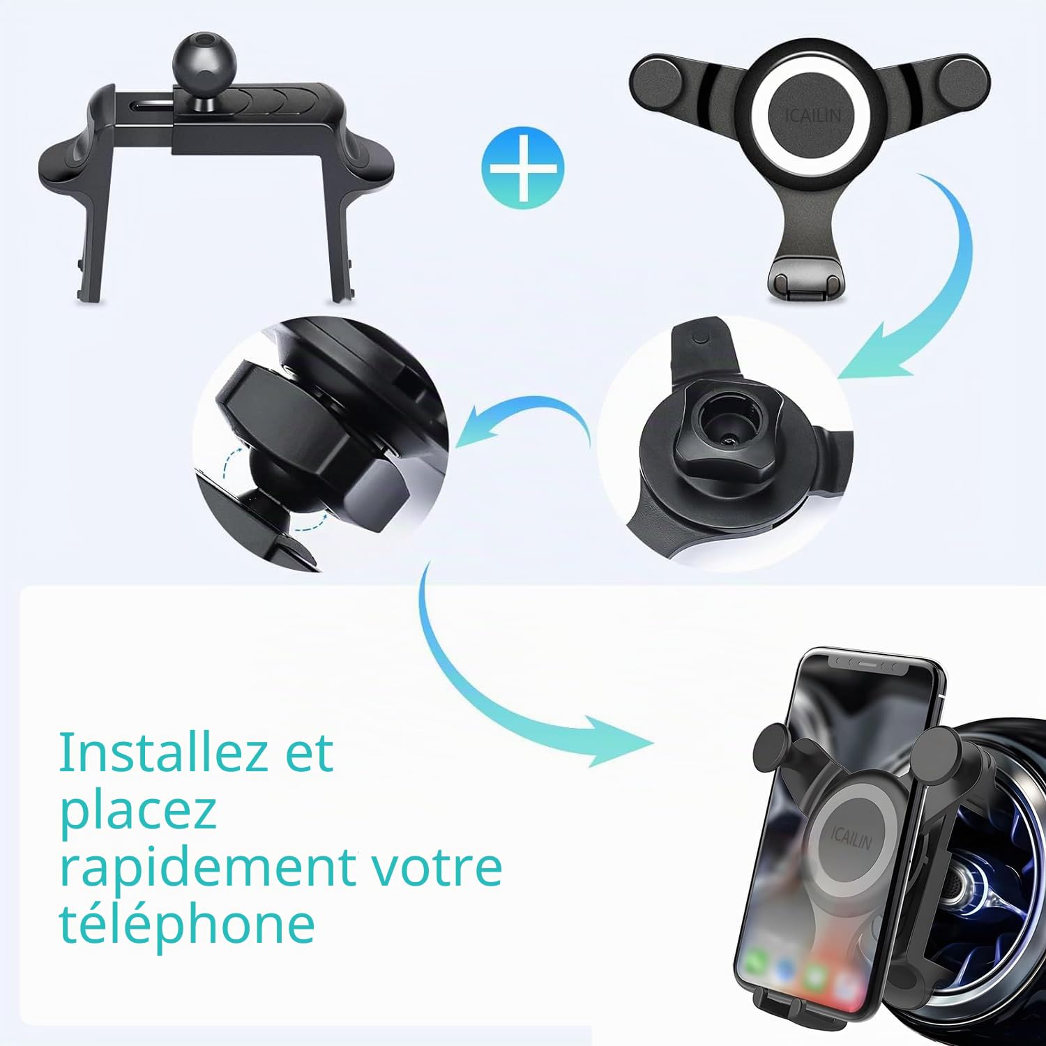 ICAILIN Support Telephone Voiture, Support à Grille d'Aération avec Rotation Support téléphone Voiture Mercedes