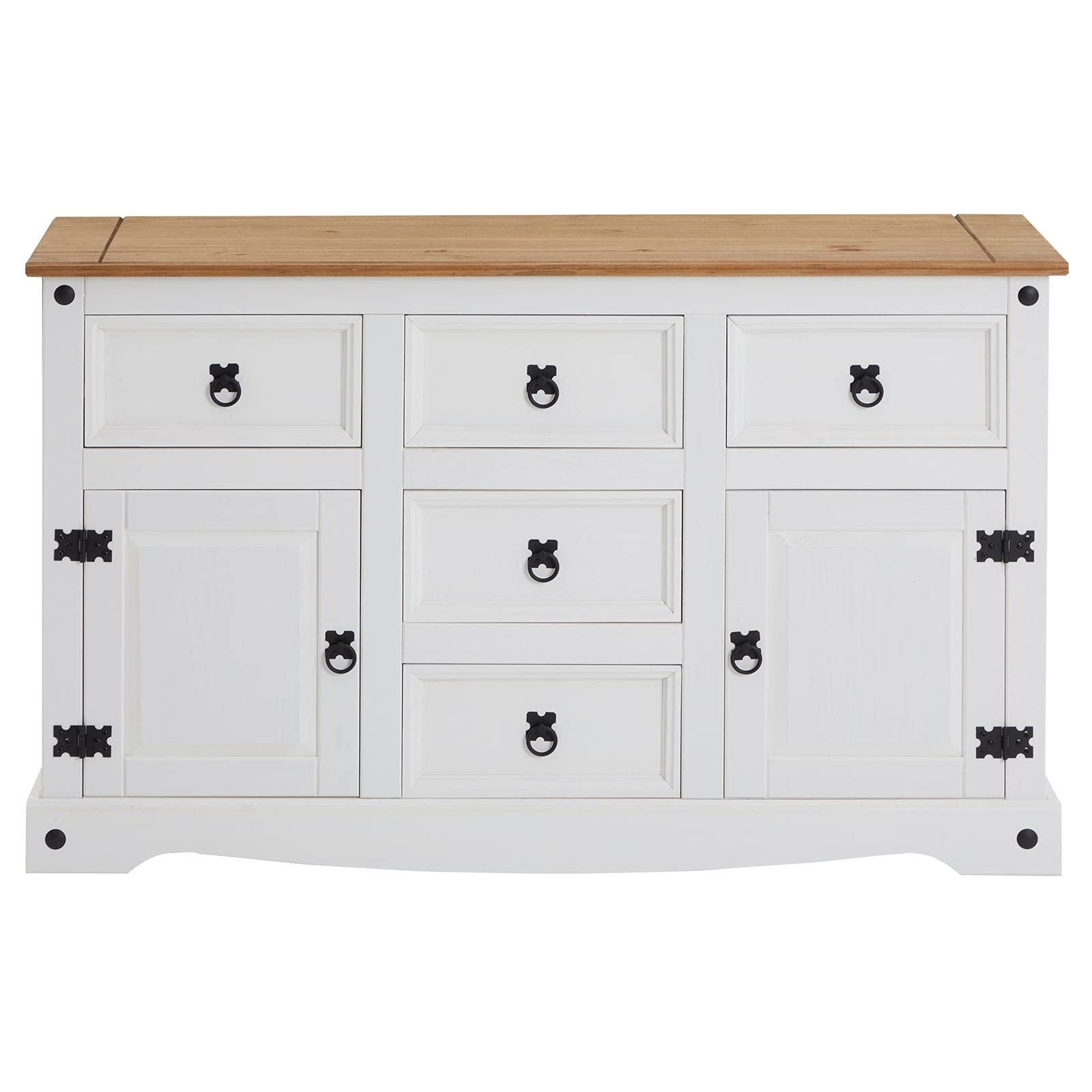 CARO-Möbel Sideboard Campo, Kommode Kiefer massiv, weiß lasiert, 5 Schubladen und 2 Türen