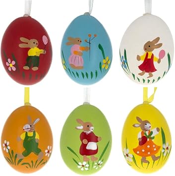 Set of 6 Real Easter Egg Ornaments with Bunnies Decorations
