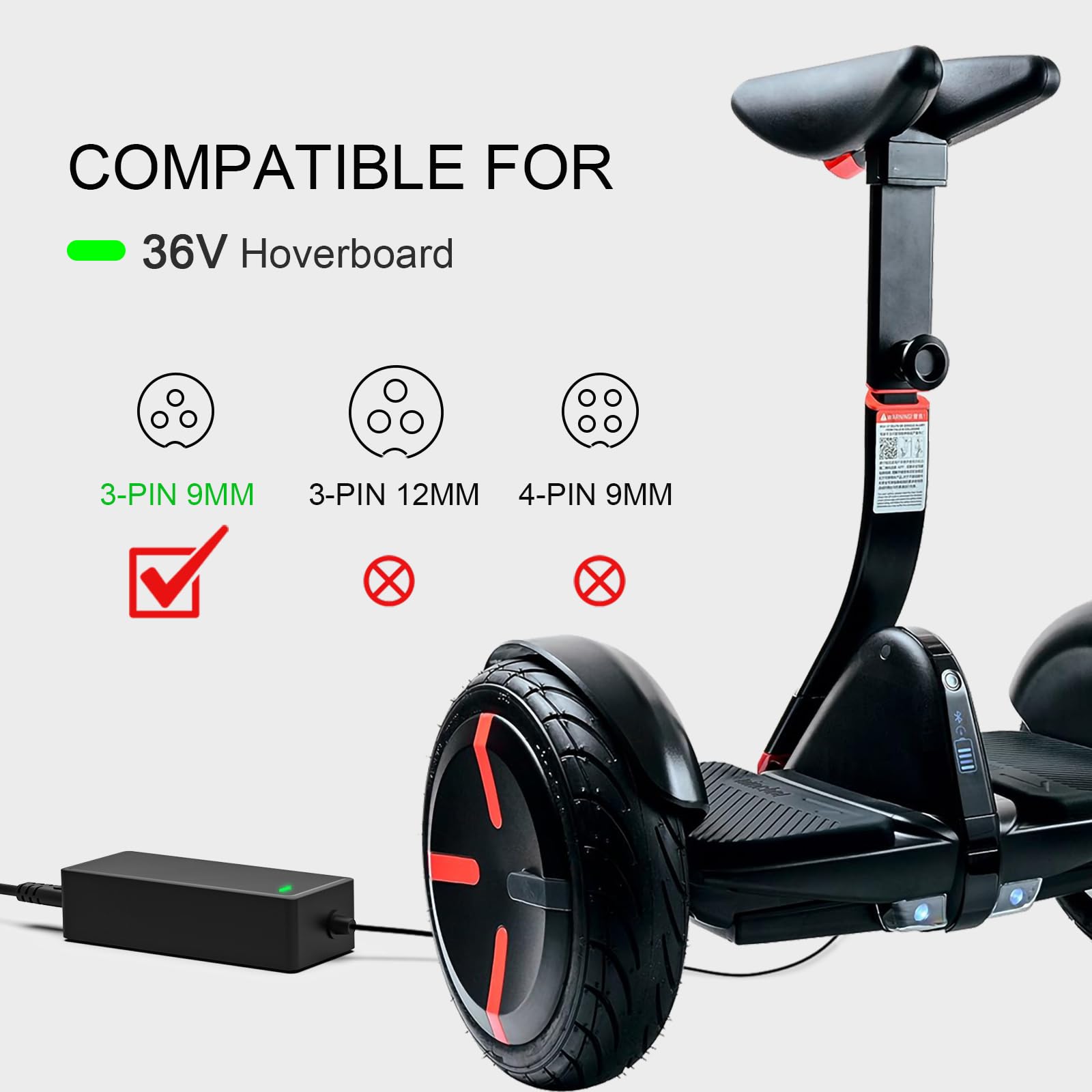 Mezelon Chargeur Hoverboard 42V 2A - Chargeur Trotinette Électrique 3 Broches Pour Batterie Lithium 36V