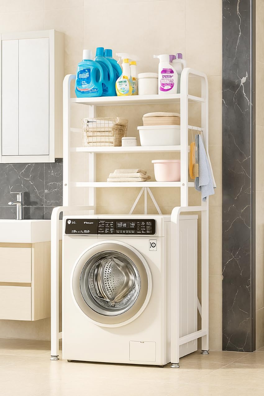 Deconation étagère De Dessus De Machine à Laver - Métal Blanc - 3 Niveaux Pliable 152,5 X 71 X 50 Cm