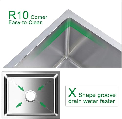 Miniatura 5 de Fregadero de cocina de 23 x 18 x 9 pulgadas, fregadero de cocina hecho a mano de acero inoxidable 304, radio ajustado R10, fregadero de cocina