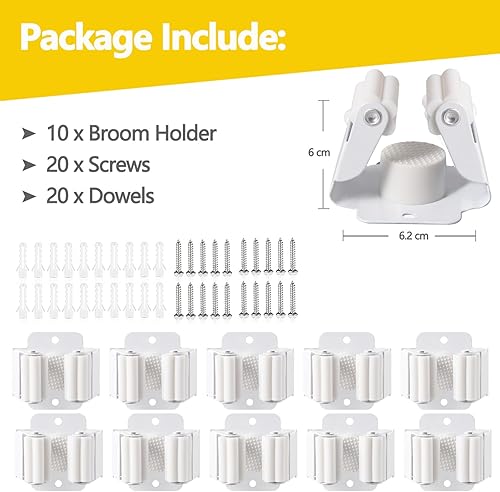 Miniatura 2 de Verdenu Paquete de 10 soportes de pared para escoba, soporte de pared para trapeador y escoba, soporte de escoba de acero inoxidable con tornillos,