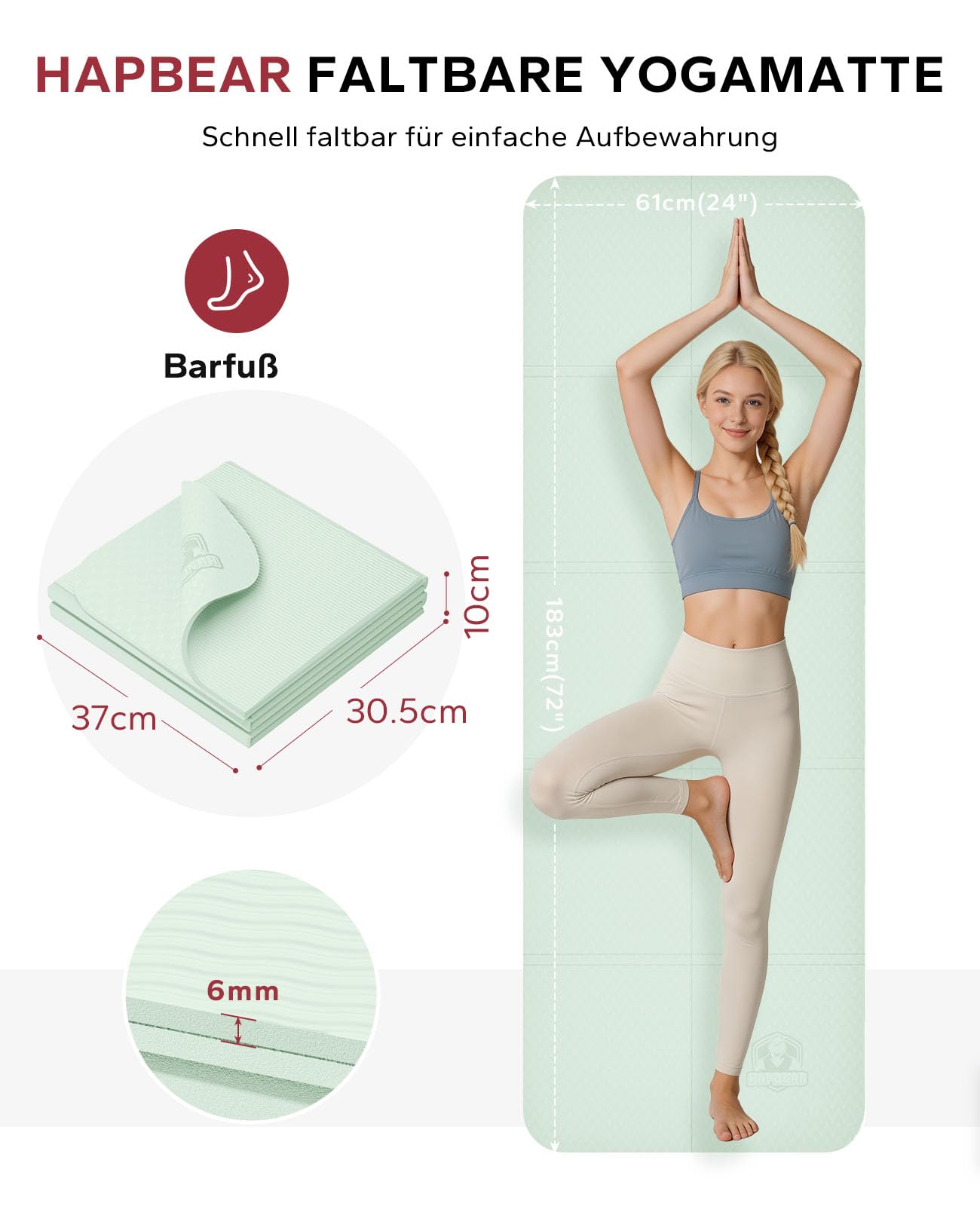 HAPBEAR Reise Yogamatte faltbar 183x61x0,6cm – rutschfeste TPE Yogamatte klappbar mit Tragetasche, leicht & platzsparend für Yoga, Pilates, Fitness & Home Workout
