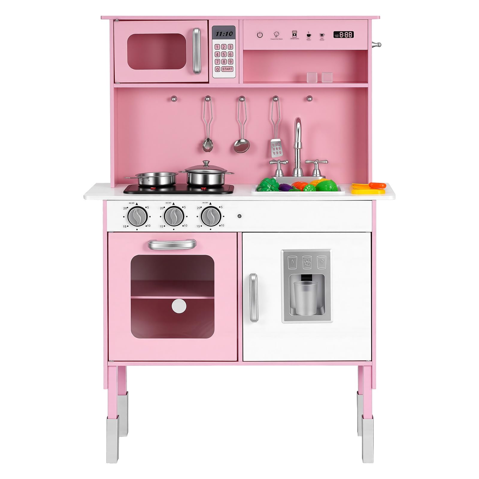 VEVOR Cocina de Juguete para Niños de 3 a 8 Años, Cocinita Infantil de Madera con Luces y Sonidos, Zonas Interactivas, Fregadero, Microondas, Accesorios, Juego de Cocina con Almacenamiento, Color Rosa