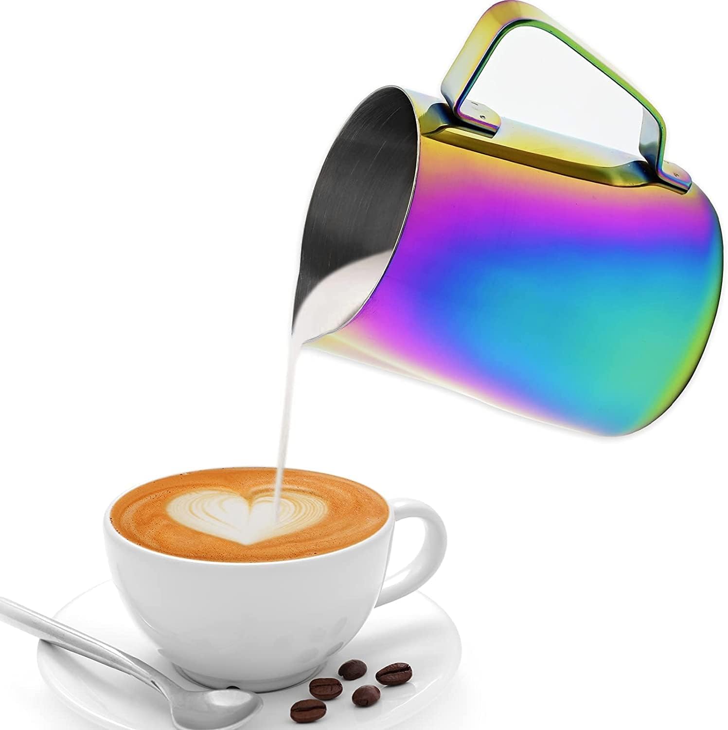 Shinzy Milk Frothing Pitcher with Latte Pen, 304 Stainless Steel Milk Frother Jug, Metal Latte Art Pitcher, Espresso Steaming Pitcher, Cappuccino Latte Art Cup, Dishwasher Safe (350 ml, Rainbow)