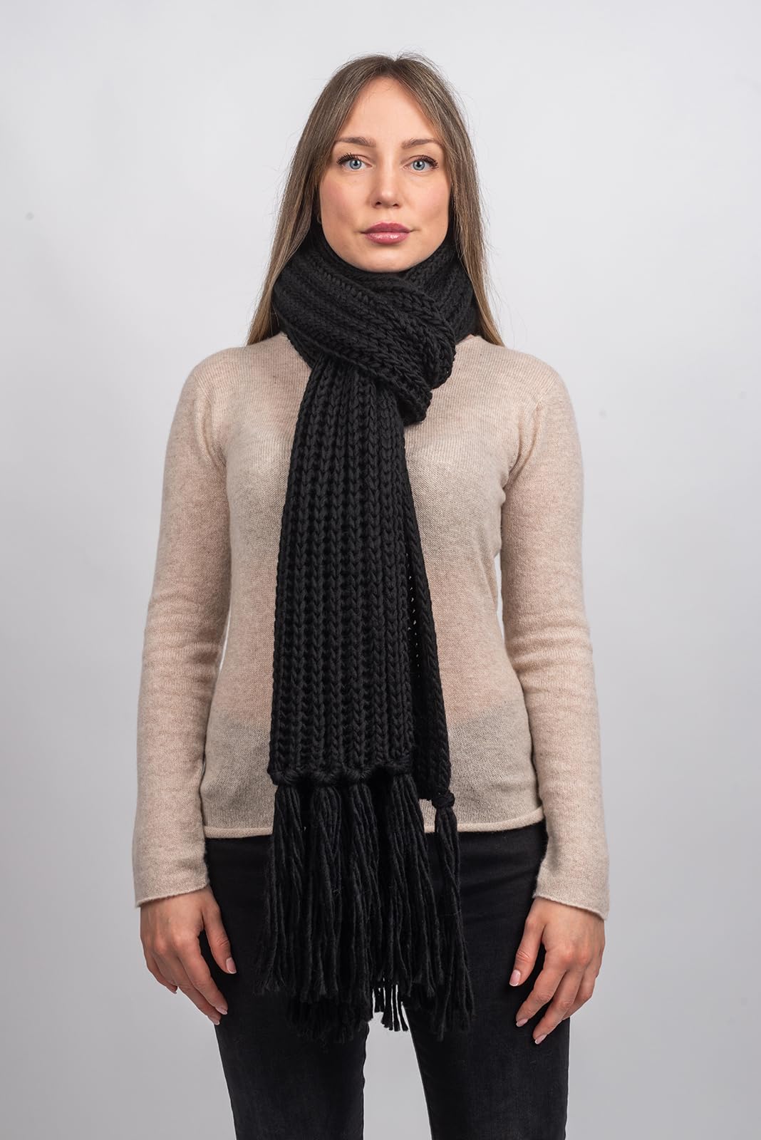 DALLE PIANE CASHMERE Bufanda inglesa de punto acanalado con flecos, fabricada en Italia, para mujer