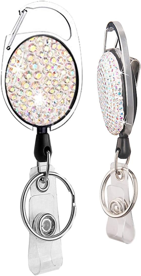 HASFINE Retractable Badge Reel with Colorful Bling Rhinestone Design，Durable Retractable Cord, Belt Clip & Key Ring Badge Holder for Nurses, Teachers, Office Staff, and More