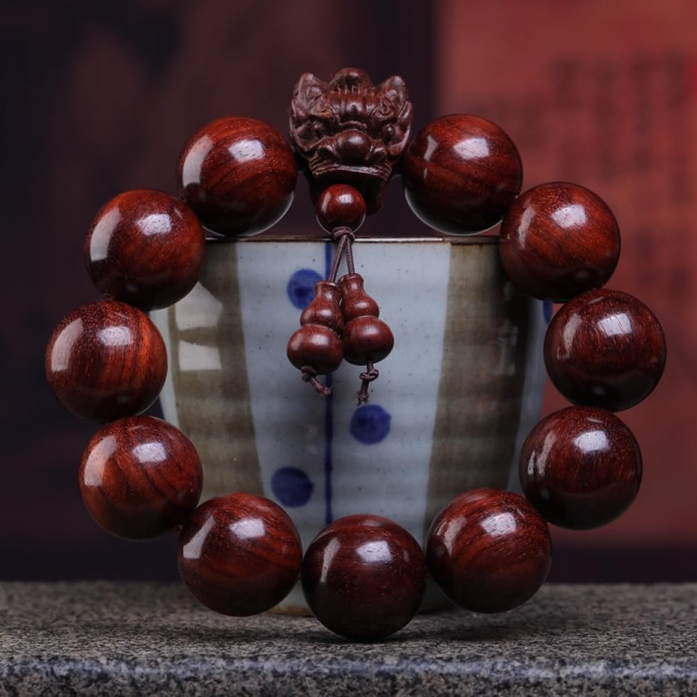 Zen Dear Unisex Natural African Blood Red Sandalwood Prayer Beads Tibetan Buddhism Mala Bracelet Necklace (20mm 12 Beads Dragon's Head) - Image 2