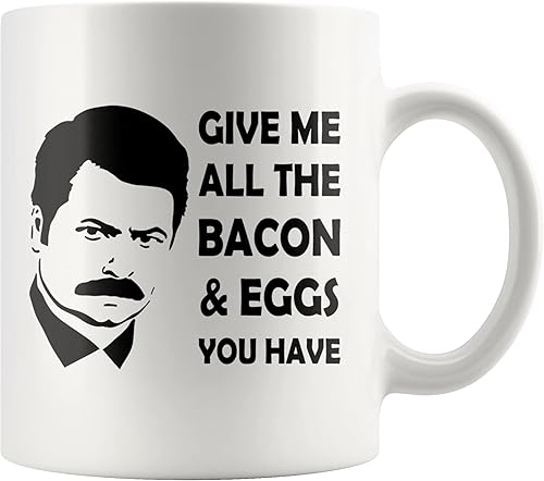 Absurd Ink Ron Swanson - Taza de tocino y huevos (blanco)