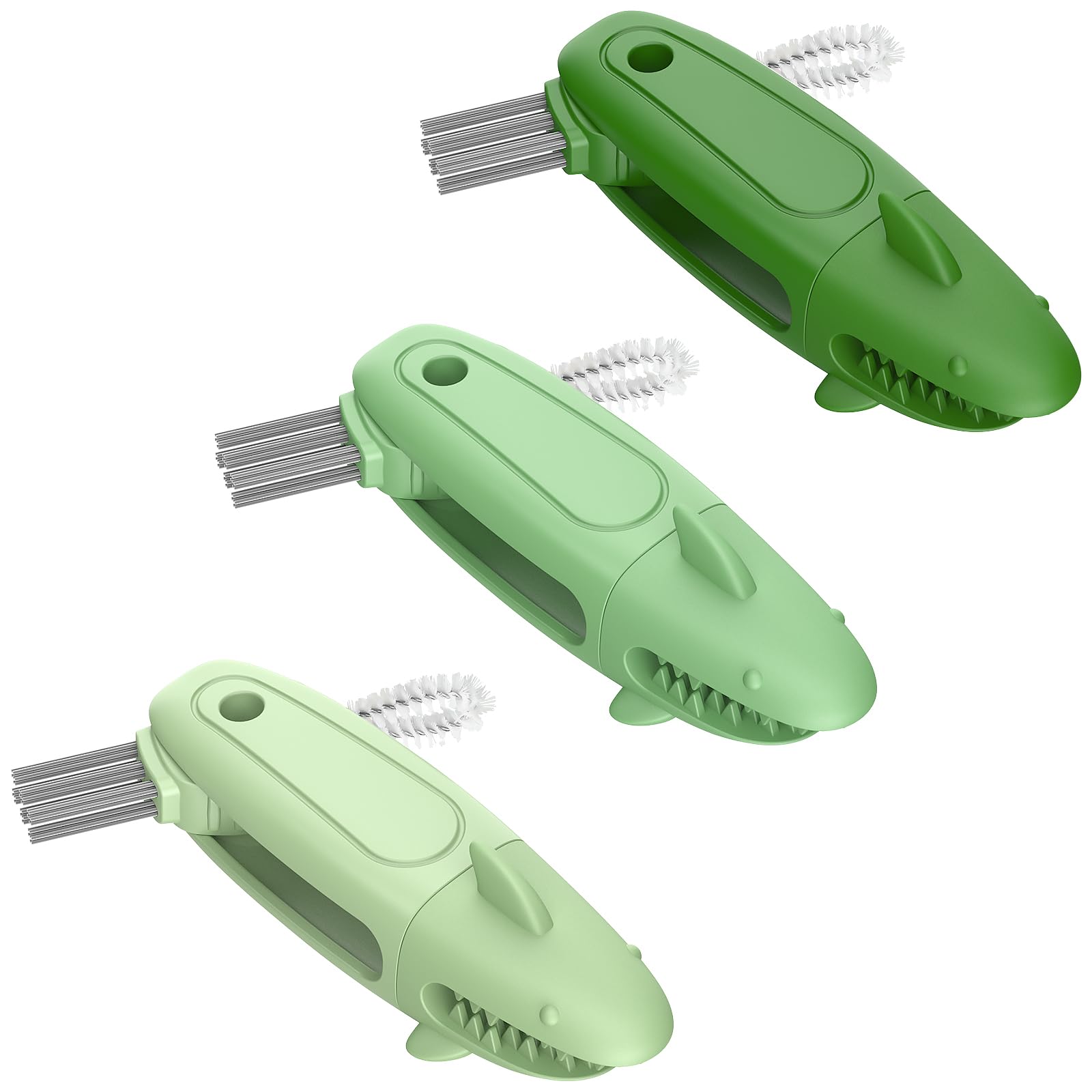TQRR SharkBrush-3 in 1 Cup Lid Gap Cleaning Brush Set, 3Pcs Bottle Gap Cleaner Brush, Silicone Cup Lid Brush, Multifunctional Bottle Brush, Cleaning Tools for Home Kitchen Office (Blue) (3, Green)