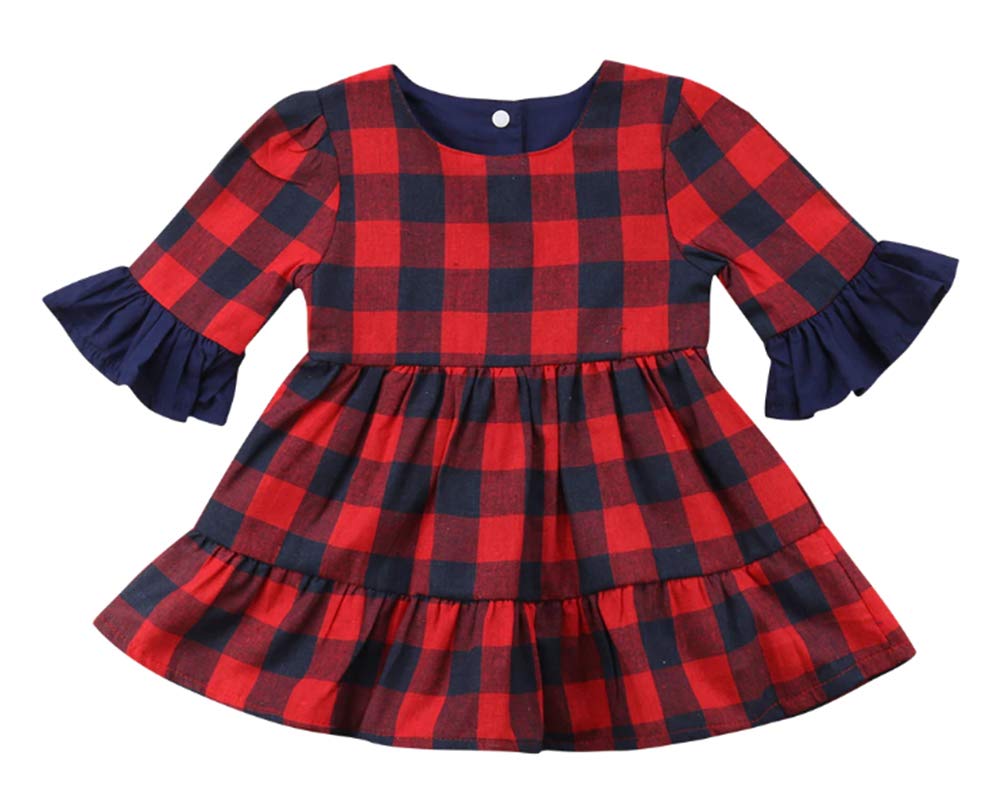 stylesilove Baby Girl Buffalo Red Plaid Ruffle Long Sleeve Christmas Cotton Dress (80/1-2 Years)
