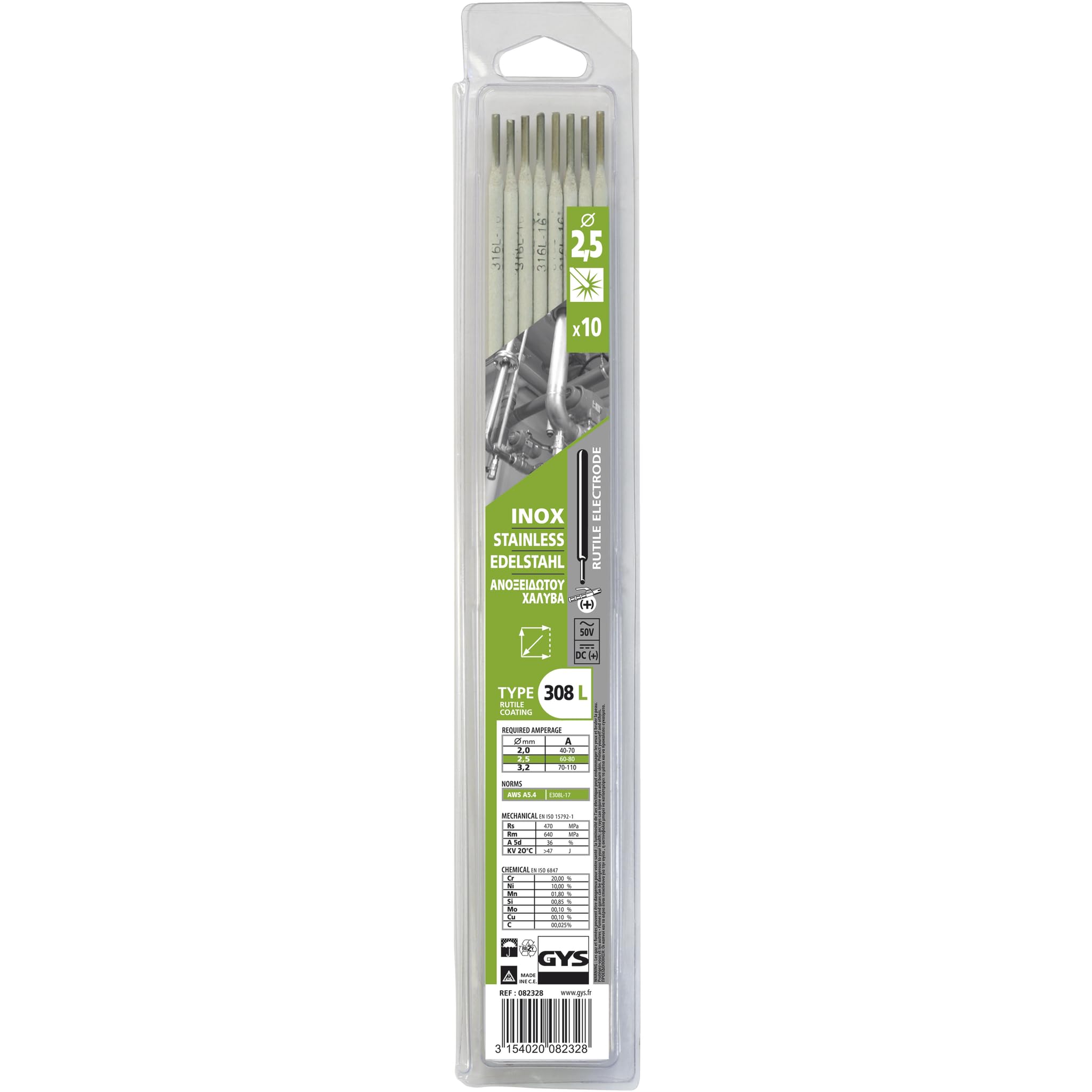 GYS Électrodes de soudage Électrodes Rutilo-Basique E308L Ø 2,5 mm x 300 mm, 10 baguettes par blister