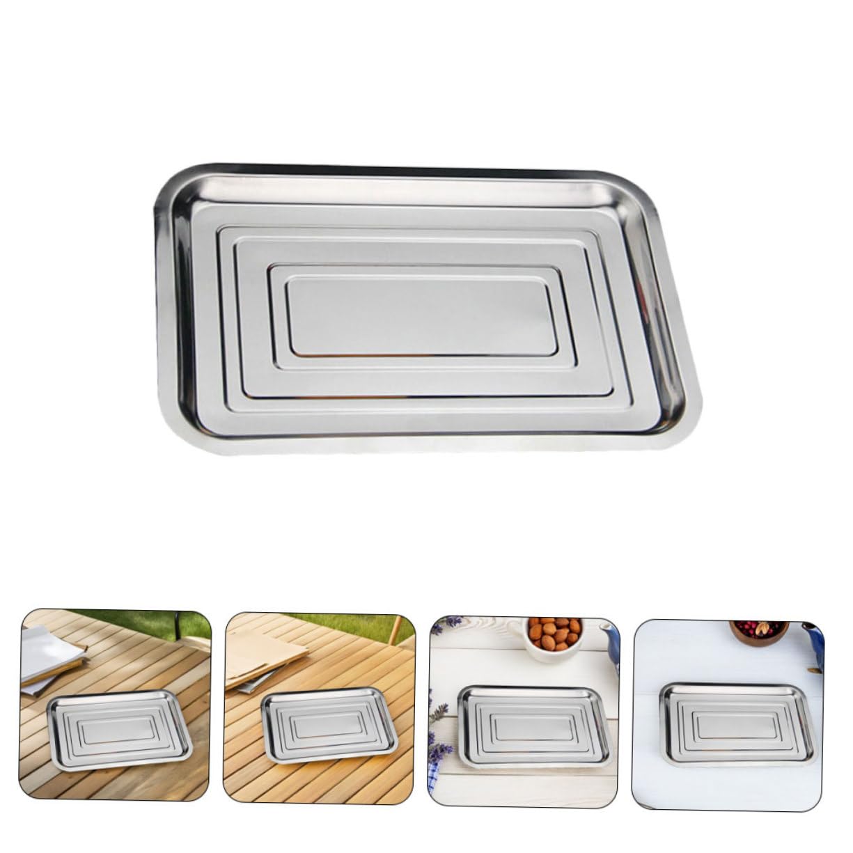 Vassoio in Acciaio Inox 10 Pezzi Argento per Alimenti | Finitura Lucidata, Design Semplice e Pulito, Adatto a Campeggio e Picnic