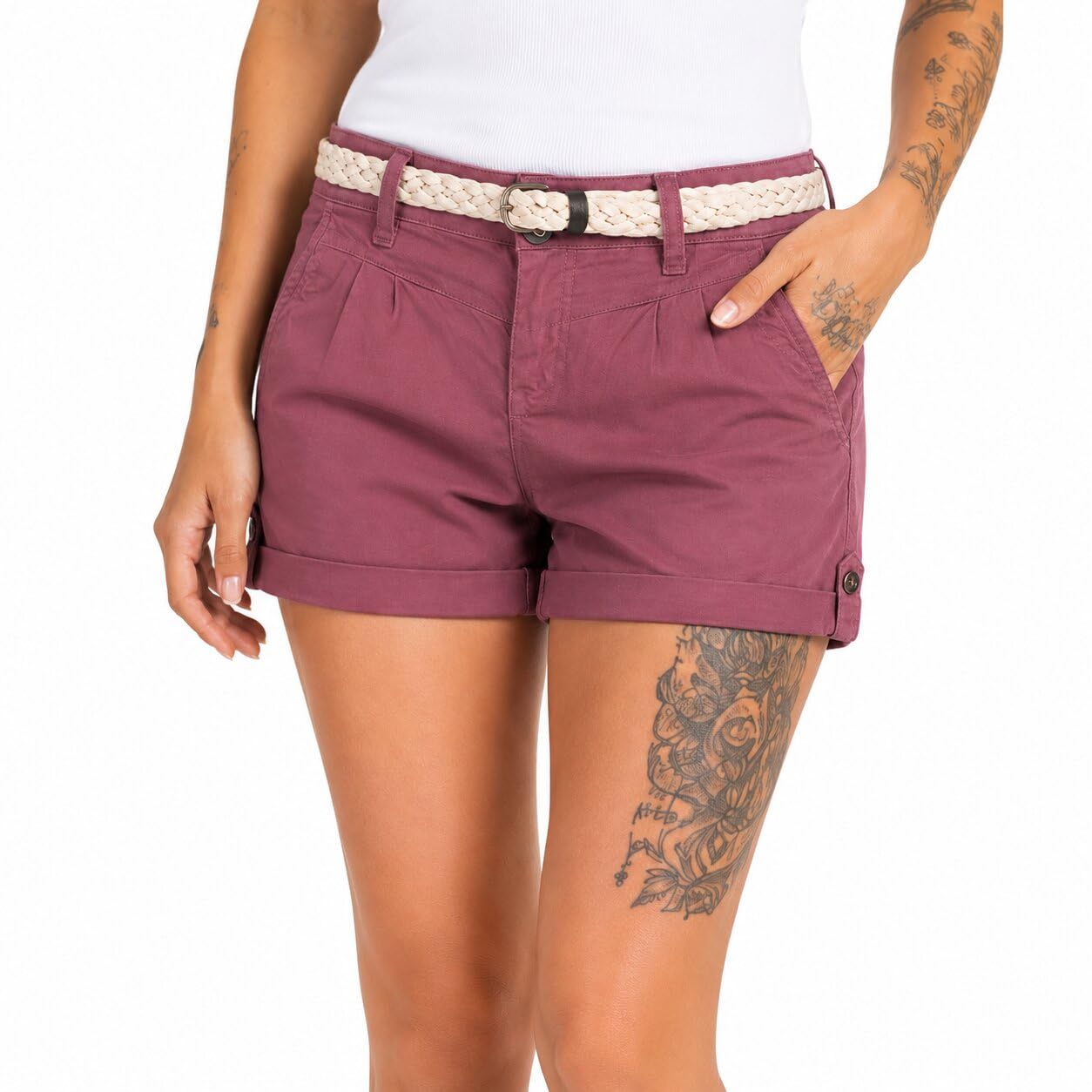 Sublevel Damen Hotpants mit Flechtgürtel Shorts kurz Sommer Freizeithose bequem Basic Casual Kurze Stoffhose Urlaub Strand