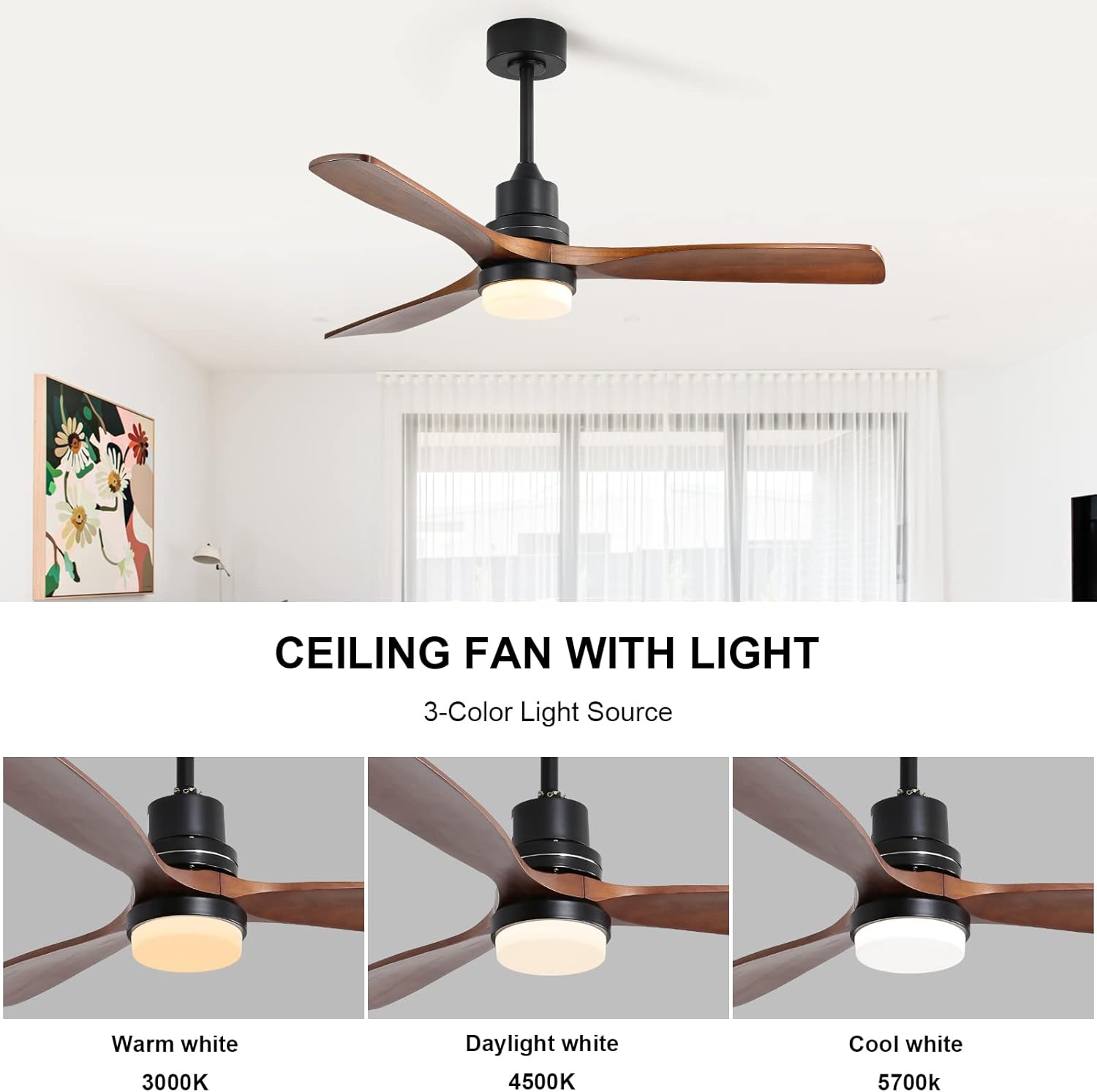 Outdoor Ceiling Fans with Lights Remote,52''Ceiling Fans with 3 Solid-Wood Blade,Noiseless Dc Motor and 3 Color Dimming Light for Indoor Outdoor Living Room Farmhouse