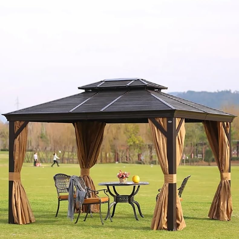 Image of Invezo All Weather Outdoor Garden Gazebo (Size : 12 x 10 Feet) Aluminium Frame & Galvanised Steel roof top, with Mosquito net and Curtain - Terrace Gazebo, Shed for Lawn Waterproof /UV Proof