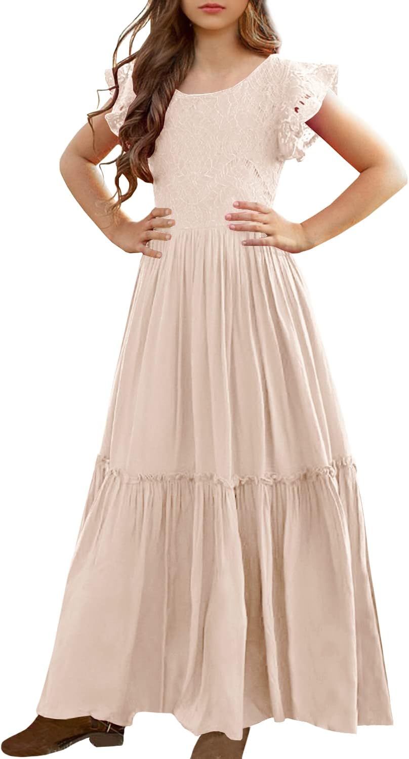 MITILLY Girls Lace Flower Ruffle Sleeve A-Line Swing Wedding Party Maxi Dress with Pockets