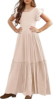 Girls Lace Flower Ruffle Sleeve A-Line Swing Wedding Party Maxi Dress with Pockets - Buy now