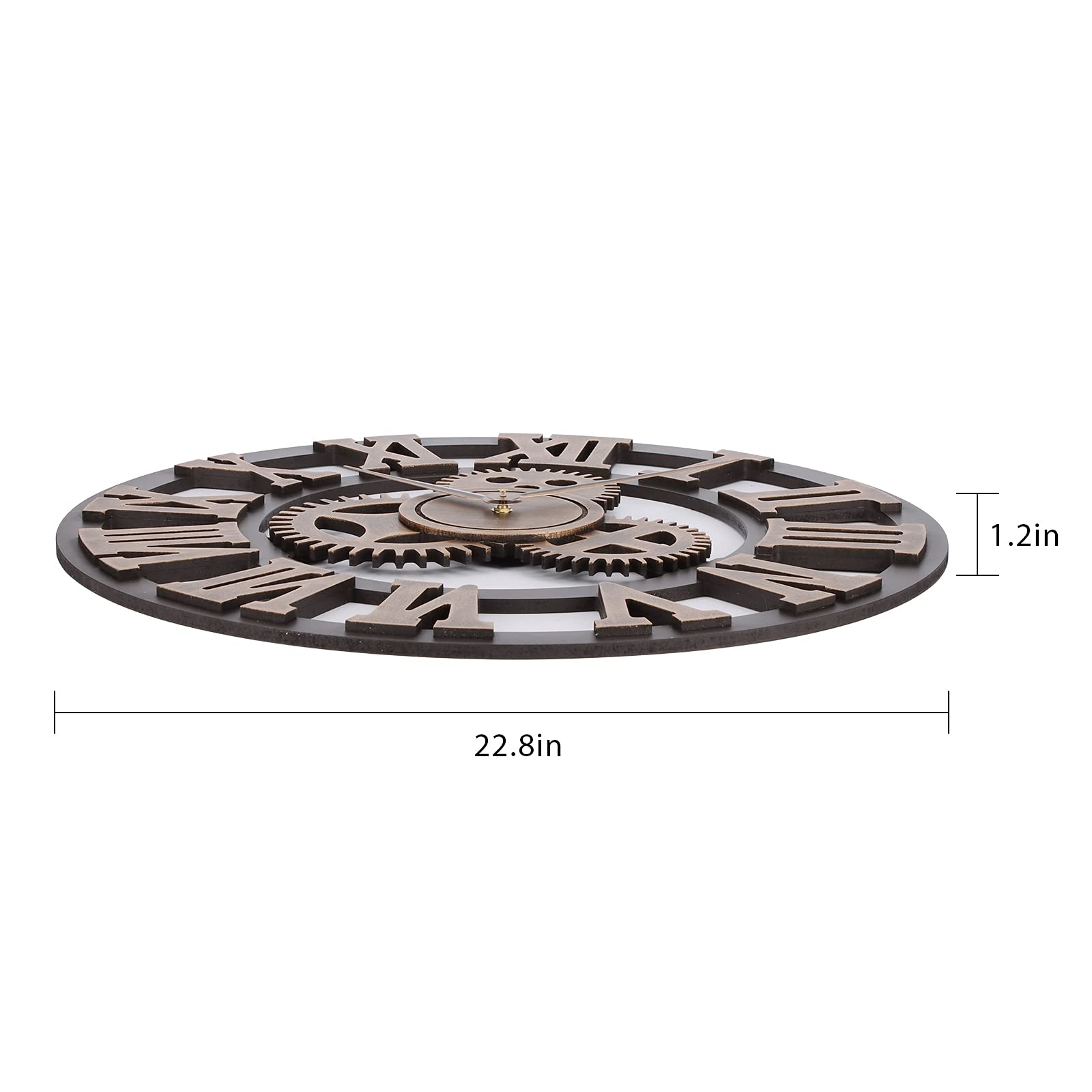ACCSHINE Reloj de Pared Grande Salon Madera 60 cm Dorado Engranajes Industrial Silencioso Vintage Reloj de Cuarzo Números Romanos para Bar Cafetería
