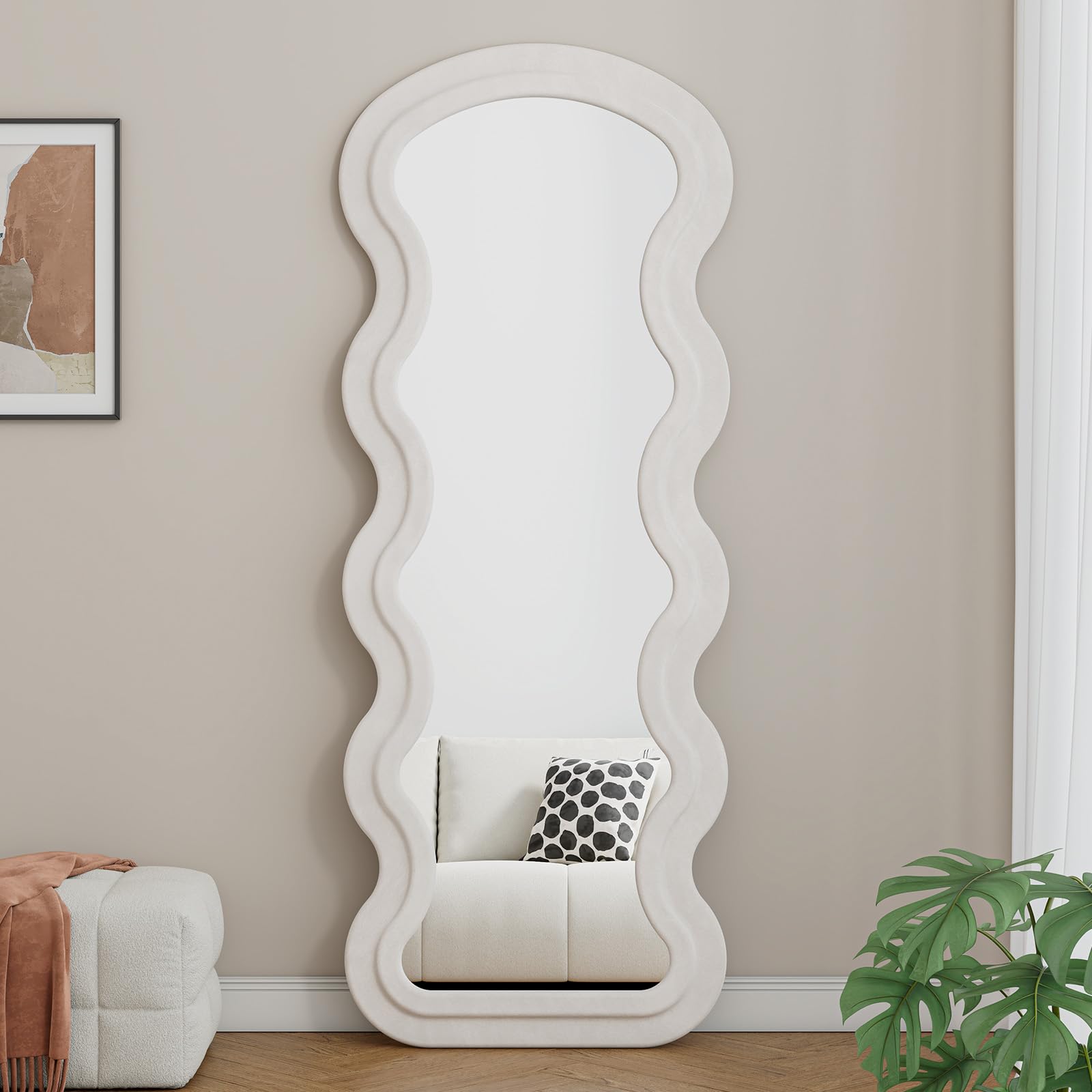 Majnesvon Floor Mirror, Wavy Full Length Mirror with Flannel Fabric, Large Standing Mirrors, 63"x24" Full Body Large Wall Mirrors, Freestanding, Wall