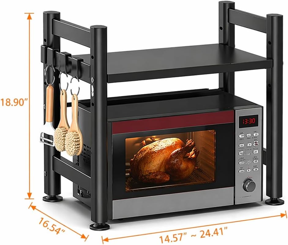 2-Tier Microwave Stand, 220lbs Rack w/Adjustable Feet & 6 Hooks