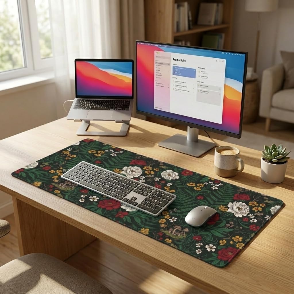 CONCISE Large Desk Mat 35.4x15.7, Dark Green Red Floral Mouse Pad image 3
