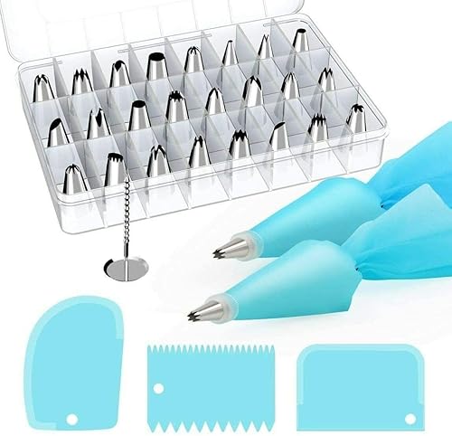 LOYALHEARTDY Juego de 32 herramientas de decoración de pasteles, 24 puntas de glaseado de flores, 2 acopladores, 2 bolsas de silicona para