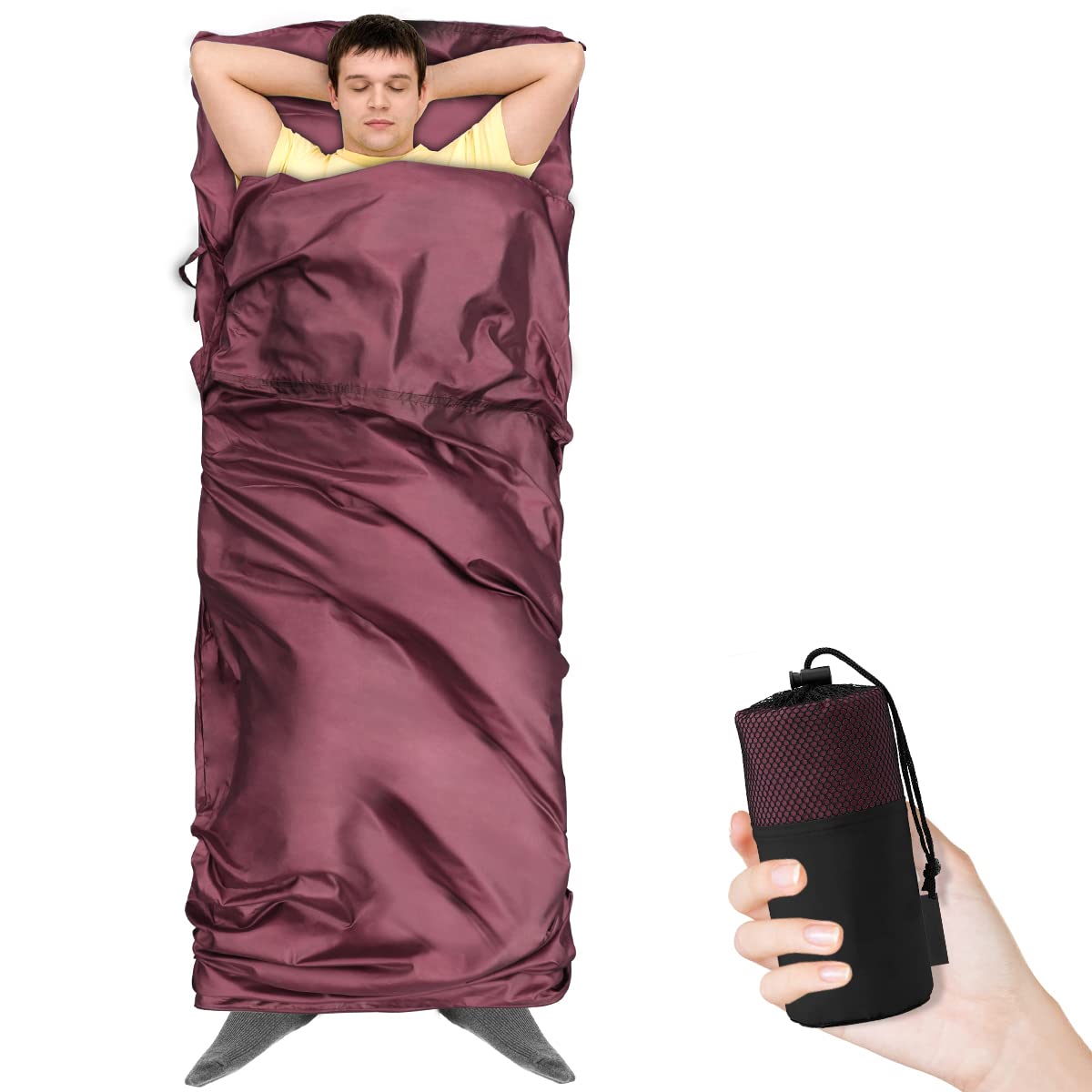 Drap de Sac de Couchage, Sac a Viande Couchage Douce avec Poche d'oreiller, Drap de Sac Ultraléger et Portable pour Hôtels, Randonnée, Camping (Bordeaux)