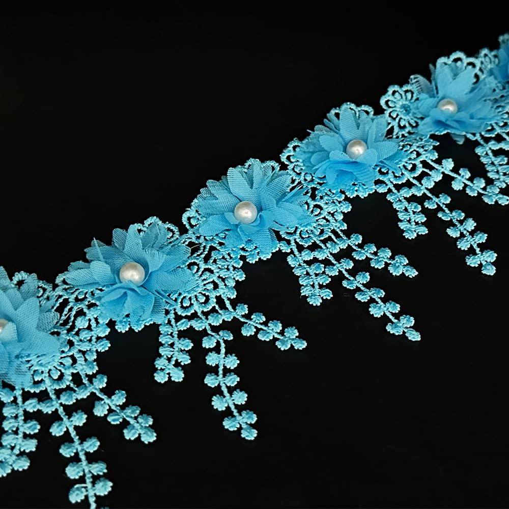 Photo 1 of 2 Yard Flower Pearl Beads Edge Trim Ribbon Floral Appliques Embroidered Lace Fabric Sewing Lace for Wedding Bridal Dress Clothes Costume Hat Decoration (Blue, 2 Yard)
