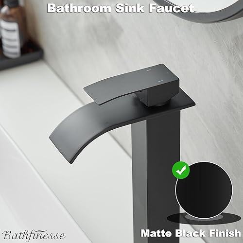 Miniatura 4 de Grifo de lavabo para lavabo, grifo de baño en cascada, acero inoxidable negro mate, mango único, un agujero, montaje en cubierta, grifo de fregadero
