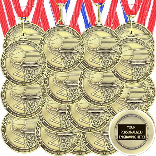 Equsion 36 Pcs 2 Gold Medals Bulk Volleyball Football Basketball Soccer Baseball Archery Dink Ball Cheer Track Bowling Awards Medals with Ribbons for Sports Participation Winner Gift(Basketball)