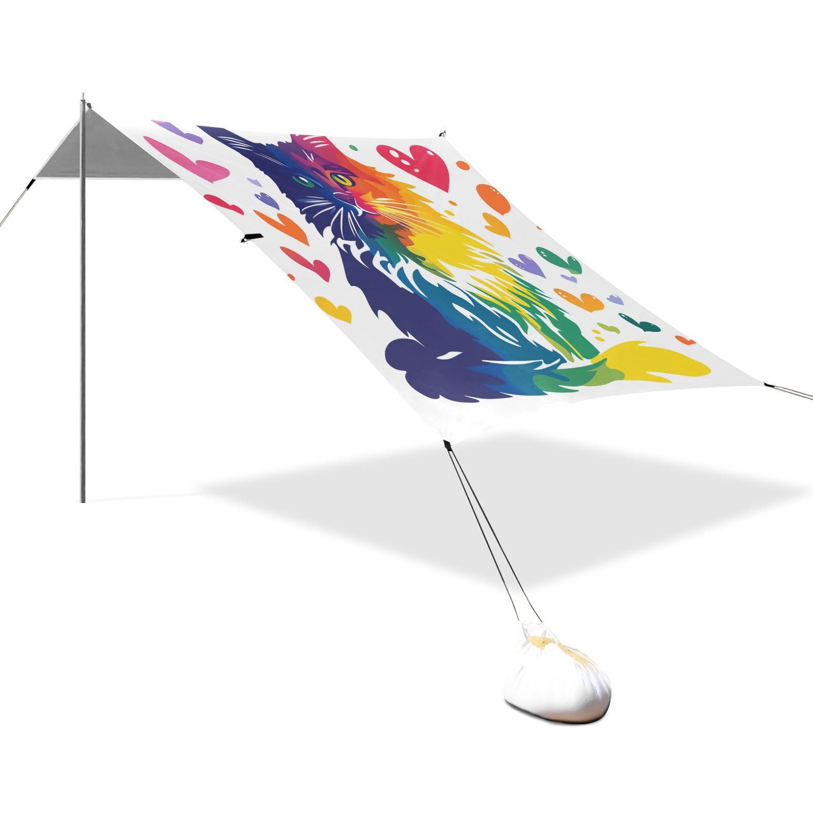 Rainbow Cat Heart Foldable Beach Tent UPF50+ Protection Easy Setup Portable Sun Shelter with Sandbags & Sand Shovel for Backyard and Camping