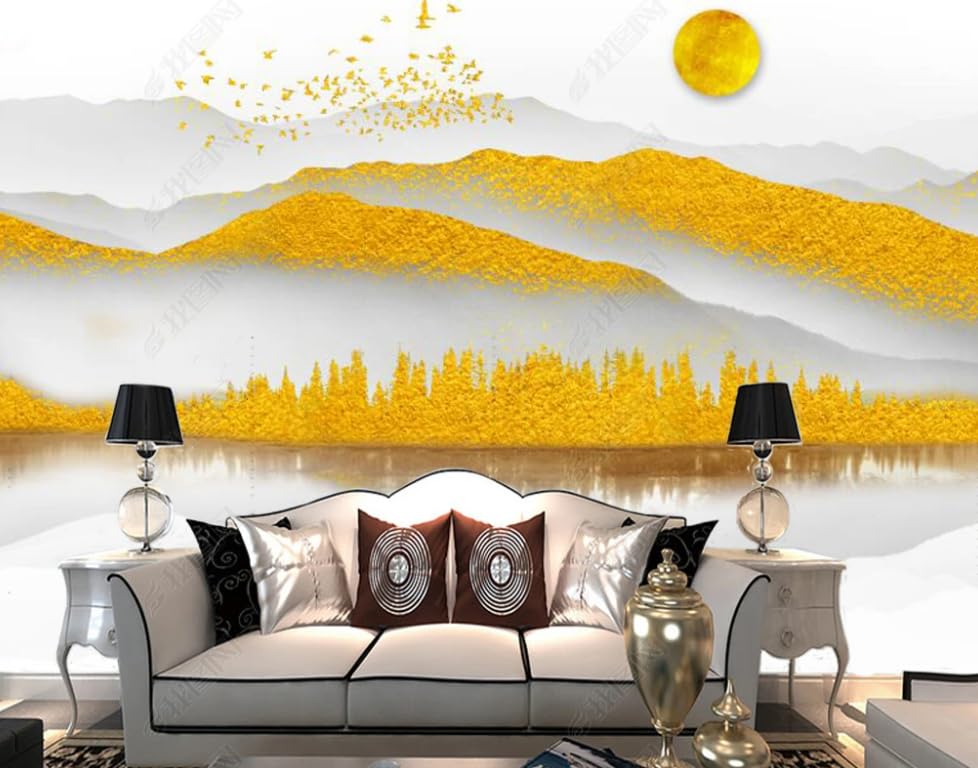 Papier peint intissé paysage feuille d'or pour masquer un mur terne ou abîmé