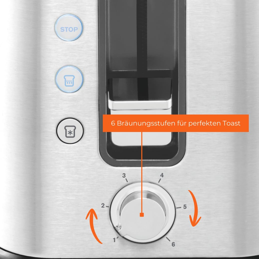 Krups KH442D Control Line Premium Toaster, Edelstahl, 2 kurze Schlitze für 2 Scheiben, Brötchenaufsatz, 6 Bräunungsgrade, 850 W, 23.6 x 32.4 x 20.2 cm, Silber/ Schwarz