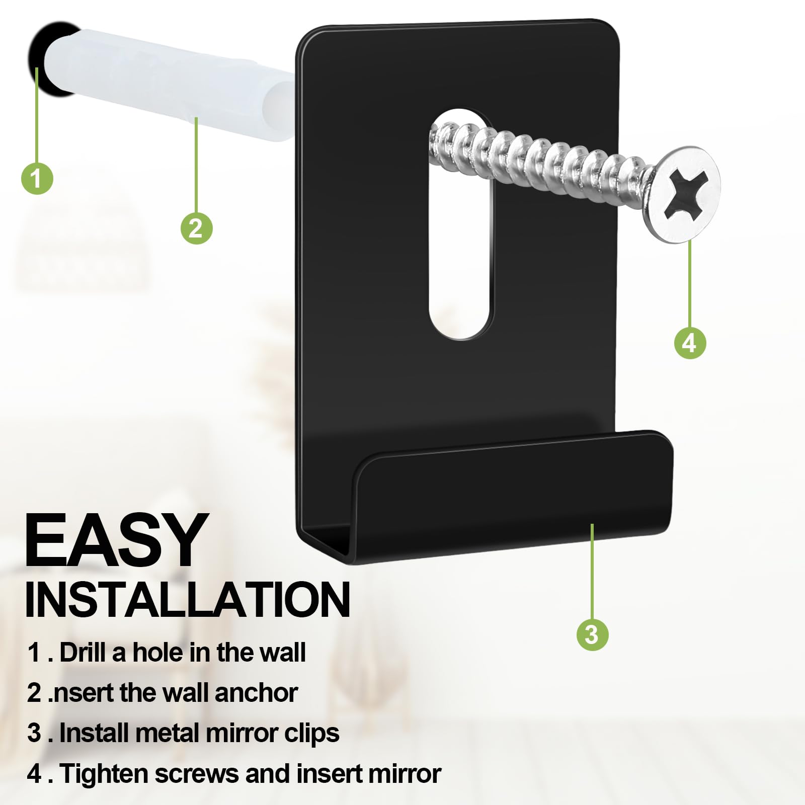 12x Metall-Spiegel-Clips Für Rahmenlose Spiegel – Edelstahl, Schwarz, Für 0,6 Cm Dicke Spiegel
