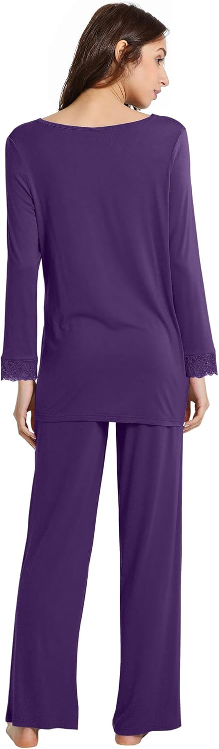 WiWi Bamboo Viscose Pajamas Sets for Women Lace Trim Long Sleeve Sleepwear Lounge Sets Plus Size Pjs with pockets S-4X - Image 2