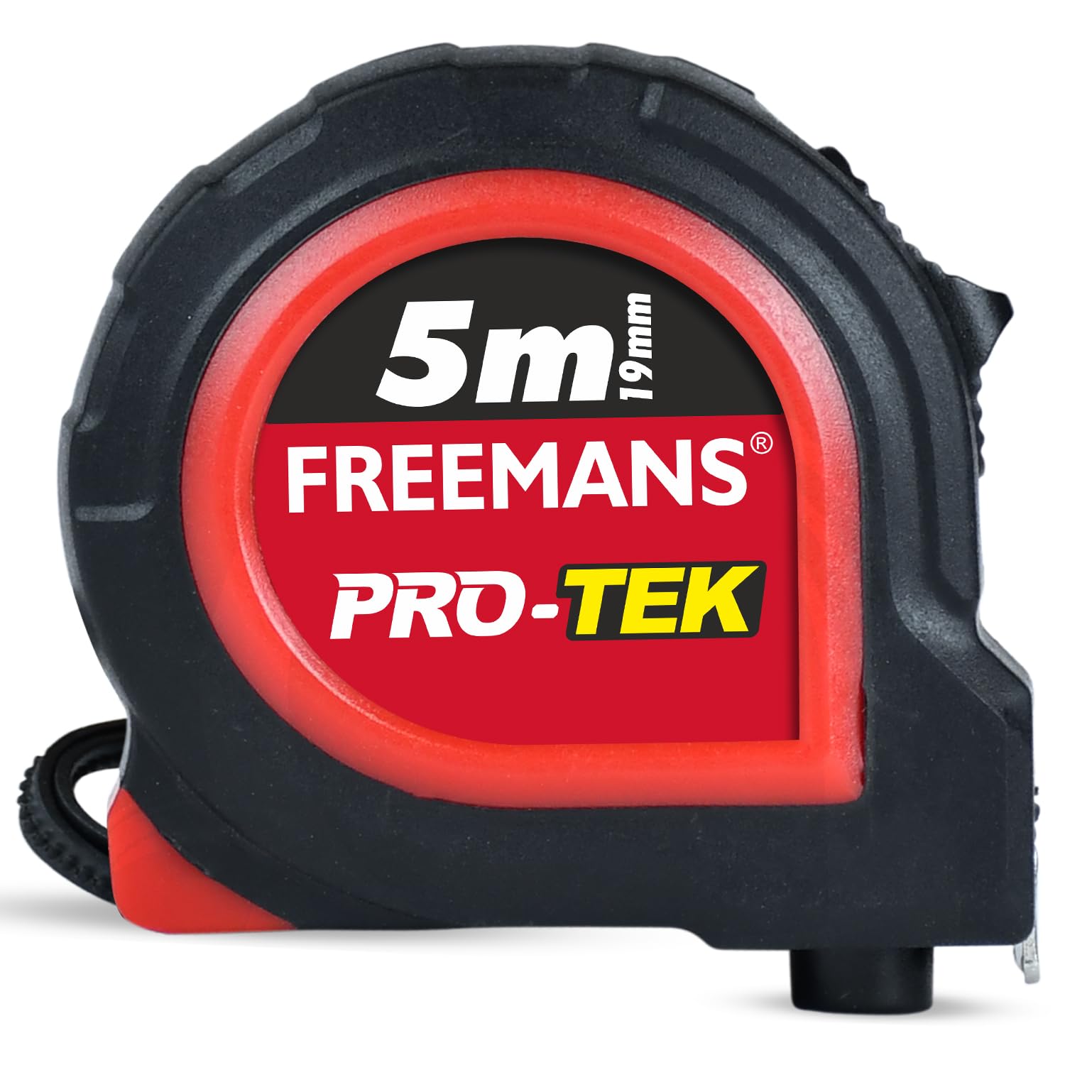 FREEMANS PRO-TEK 5m:19mm Steel Inchi Pocket Measuring Tape with Non Slip Rubber covered ABS case, Click-Action Front Lock, Pause Button, Hand Strap and Belt-Clip