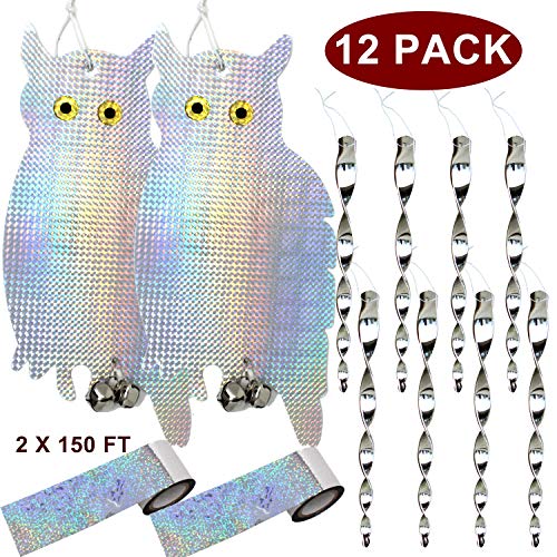 JALOUSIE 12 Pack Bird Repellent Bundle Bird Scare Tape Bird Deterrent Reflective Owl