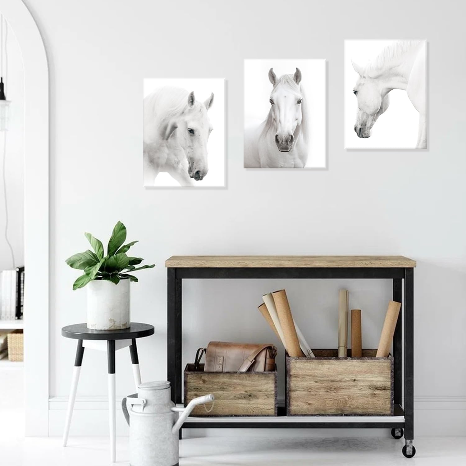 HPNIUB White Horse Wall Art Set Of 3 (12'X16', Framed, Wild Horse Artwork, Animals Pictures, Minimalist Home Decor