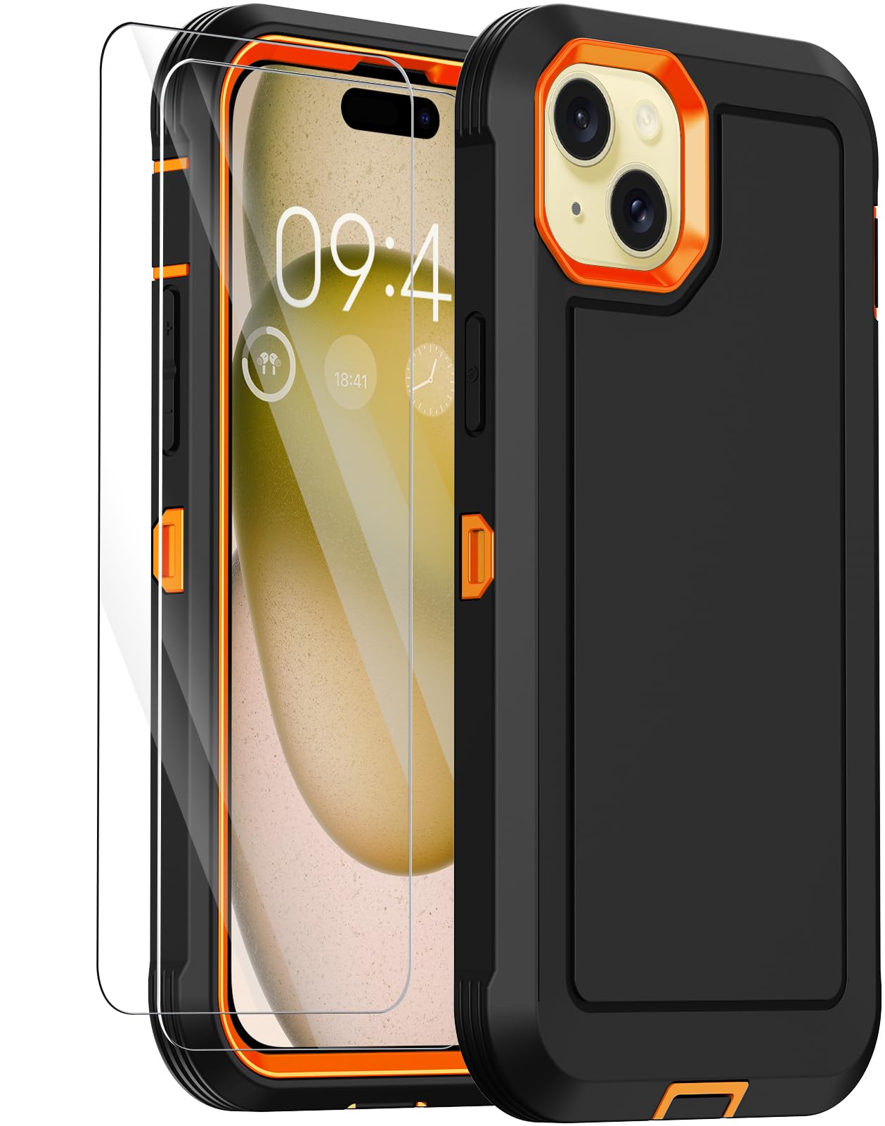 Annymall for iPhone 15 Plus Case & iPhone 14 Plus Case with 2 Screen Protector,Heavy Duty Shockproof Drop Protection Military Grade Multi-Layer Rugged Bumpers Protective Phone Cover (Black/Orange)