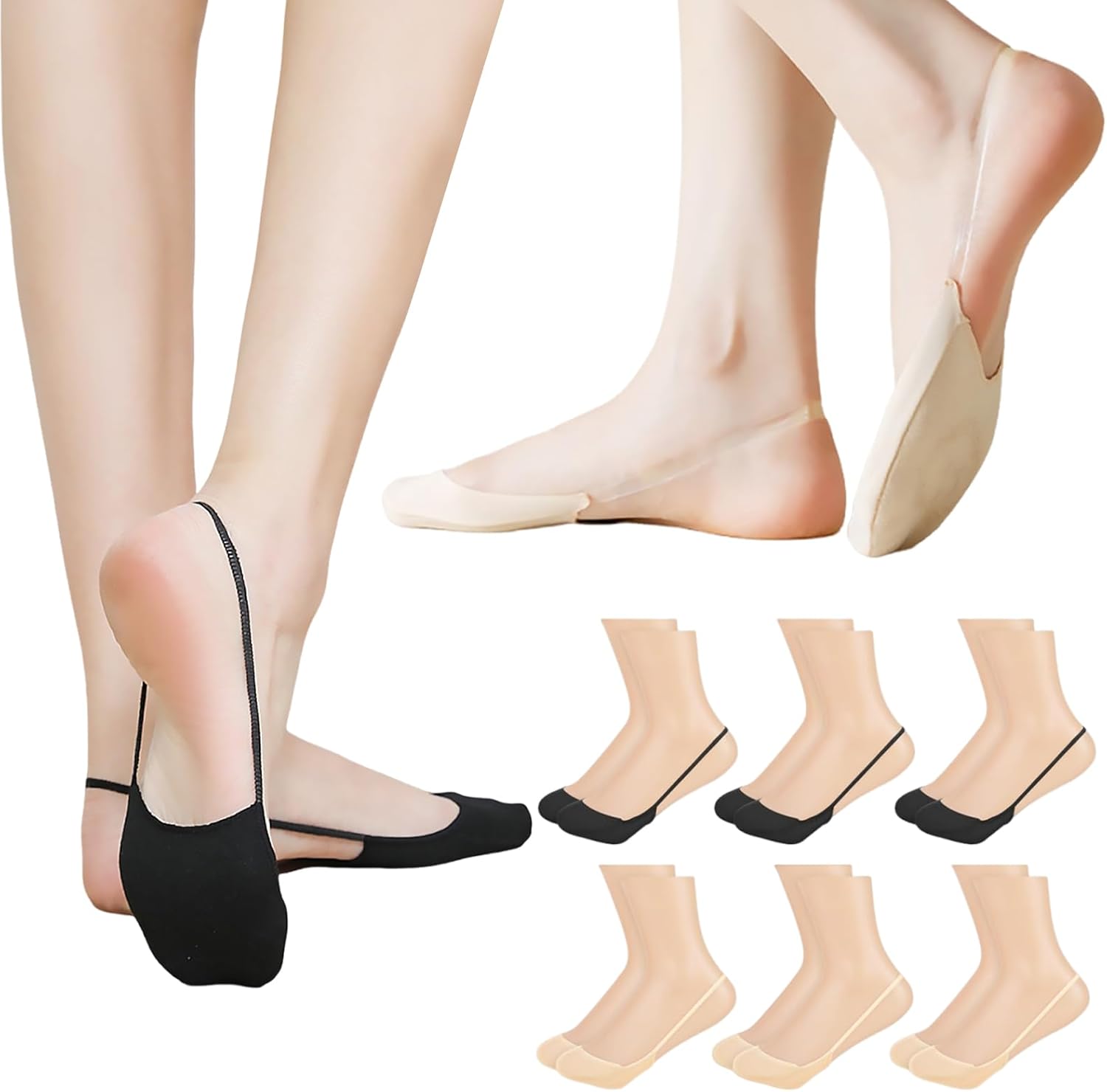 6 Pairs Toe Topper Socks with Invisible SlingBack,No Show Sock Womens for Flats,Low Half Cut No-Show Toe Covers,Beautiful and Non-Slip,for Women(Black,Skin Color)