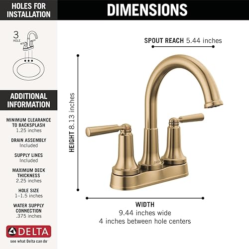 Miniatura 4 de Delta Faucet Saylor - Grifo de baño dorado, grifo de lavabo de baño, grifo de baño centrado para lavabo de baño, tecnología Diamond Seal, conjunto