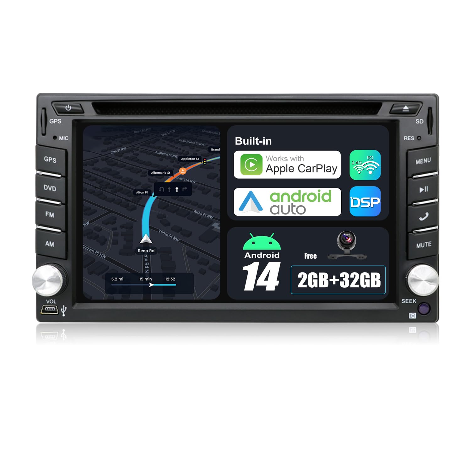 With Camera Double DIN 6.2-inch Car Gps Navigation in Dash Car Dvd Player Car Stereo Touch Screen with Bluetooth USB Sd Mp3 Radio for Universal Car