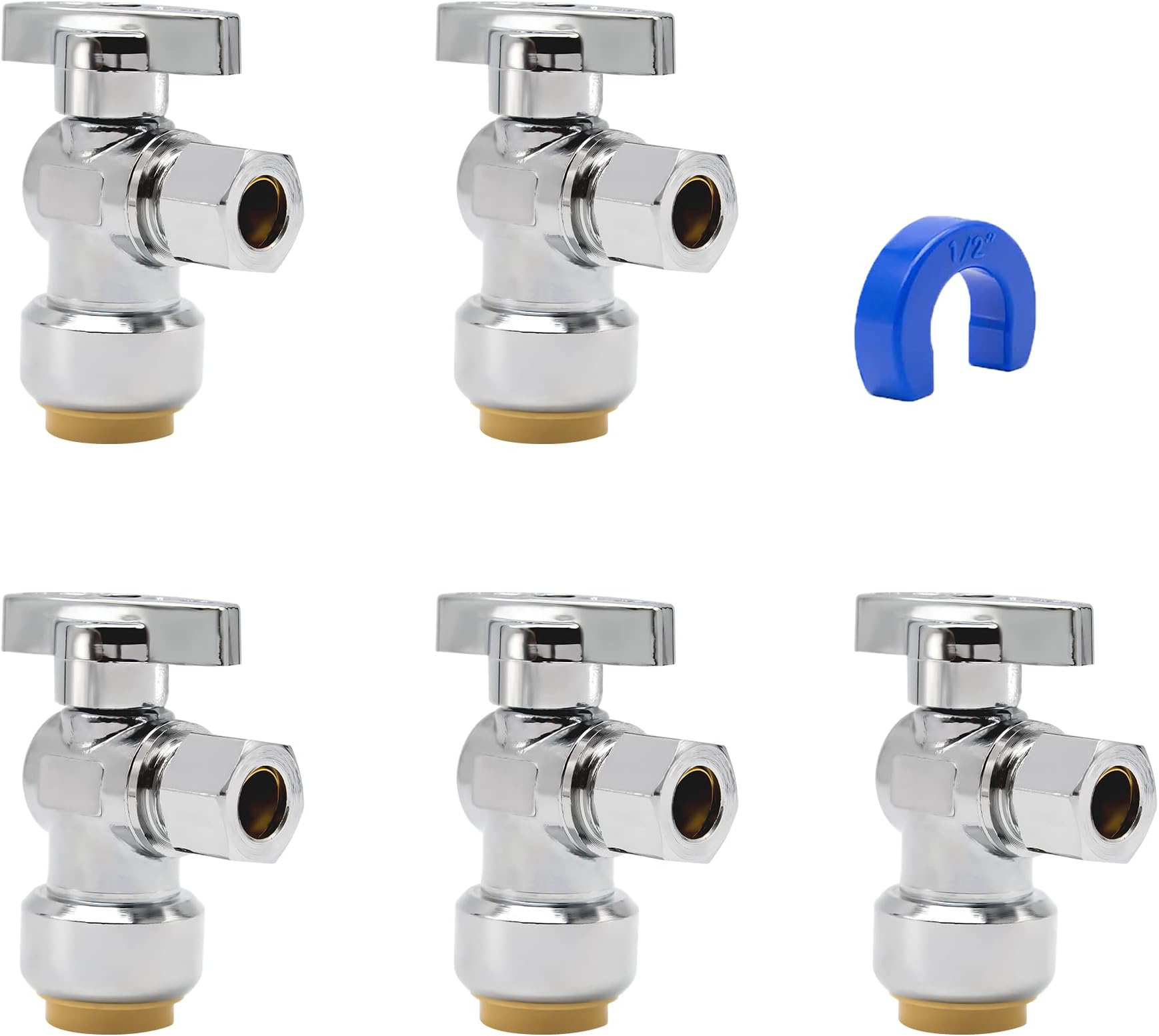 Angle Stop Valve 5 Pack,1/2" Ptc X 3/8" Compression Water Shut Off Valve,1/2 Inch Pushfit X 3/8 Inch OD Compression Angle Shut Off Valve with Disconnect Clip,Pex, Copper,Cpvc,PE-RT,Brass