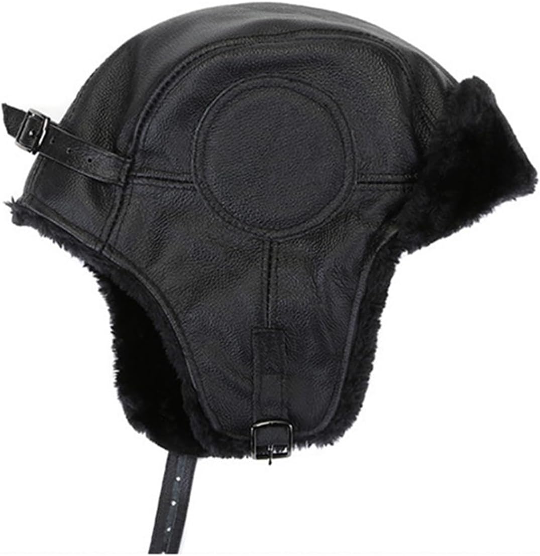 Men Women Winter Real Leather Hat Pilot Aviator Bomber Trapper Hat Faux Fur Snow Cap with Ear Flaps Windproof Warm