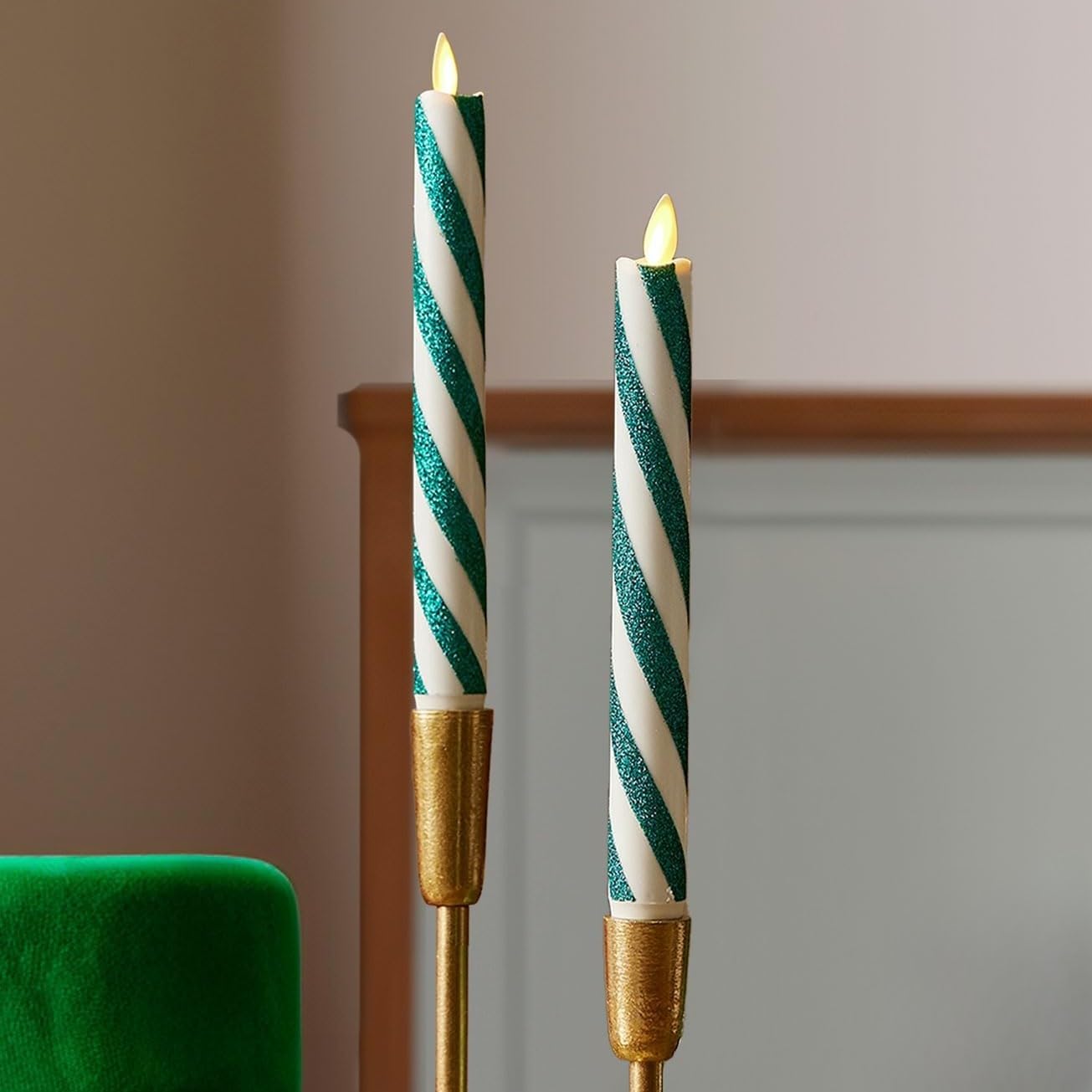 Luminara - Flameless Battery Operated Taper Candle - Candy Cane Green- Pack of 2-1x9.75 - LED Flickering Flame- Realistic Safe for Home Kids and Pets