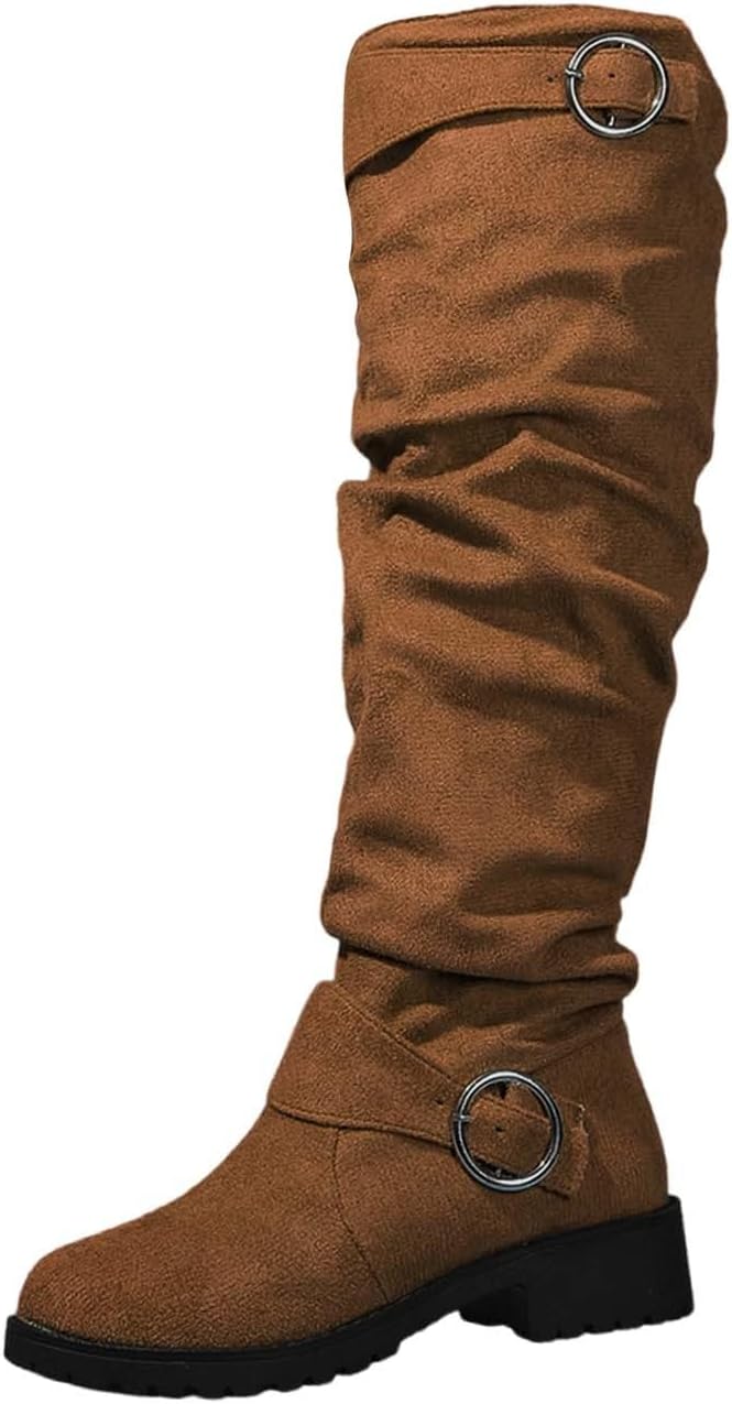 Women's Slouchy Knee High Boots Comfortable Wide Calf Platform Flat Fold Tall Boot Stylish Round Toe Fall Winter Casual Boots for Women