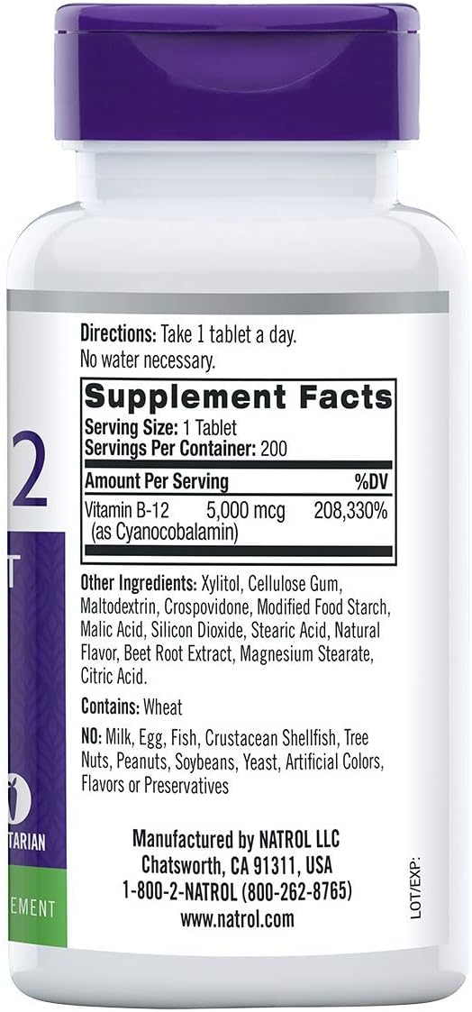 Natrol Vitamin B12 Fast Dissolve Tablets, Promotes Energy, Supports a Healthy Nervous System, Maximum Strength, Strawberry Flavor, 5,000mcg, 200 Count : Health & Household