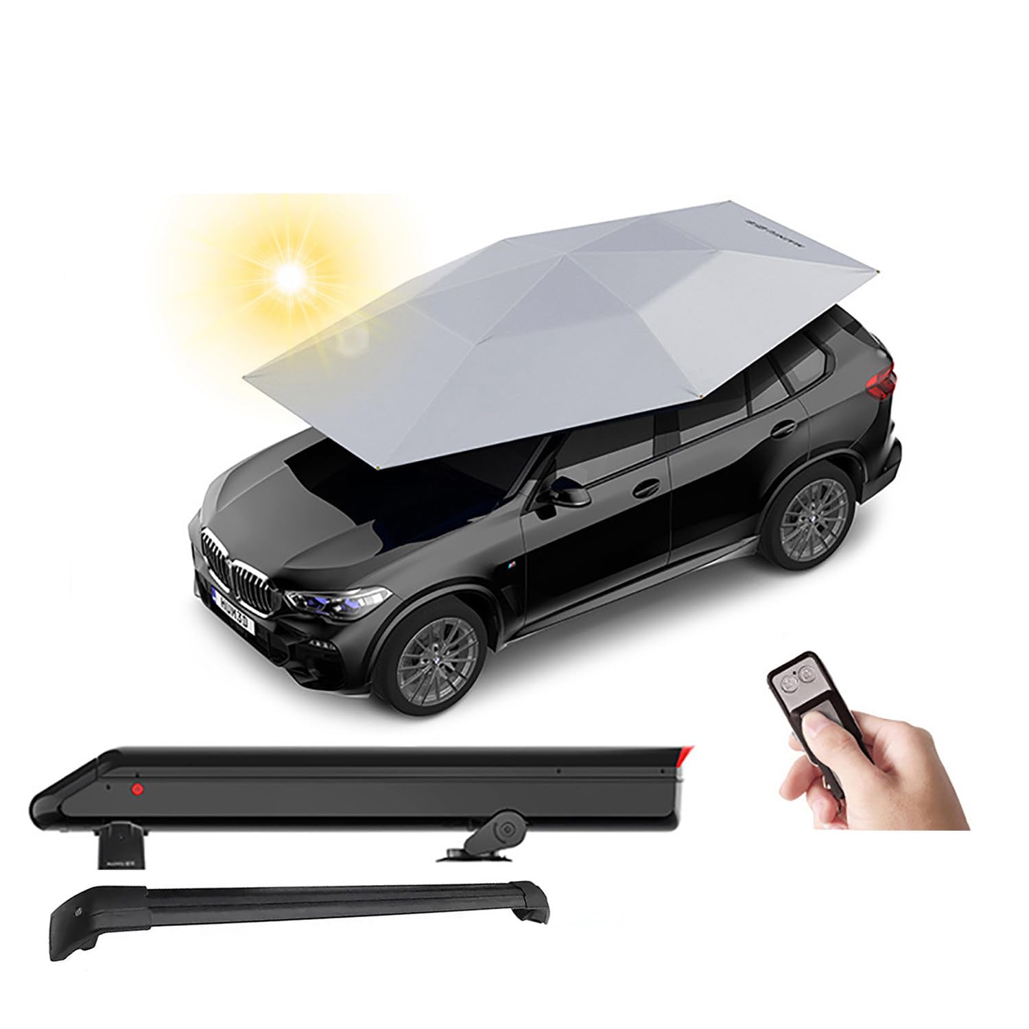 Fully Automatic Car Cover Tent Car Parasol Umbrella with Roof Rails/Storage Box/Removable Battery, Remote Control, One-touch Folding Car Roof Tent, UV Protection Parasol Tent, 3800*2800MM ,Grey : Everything Else